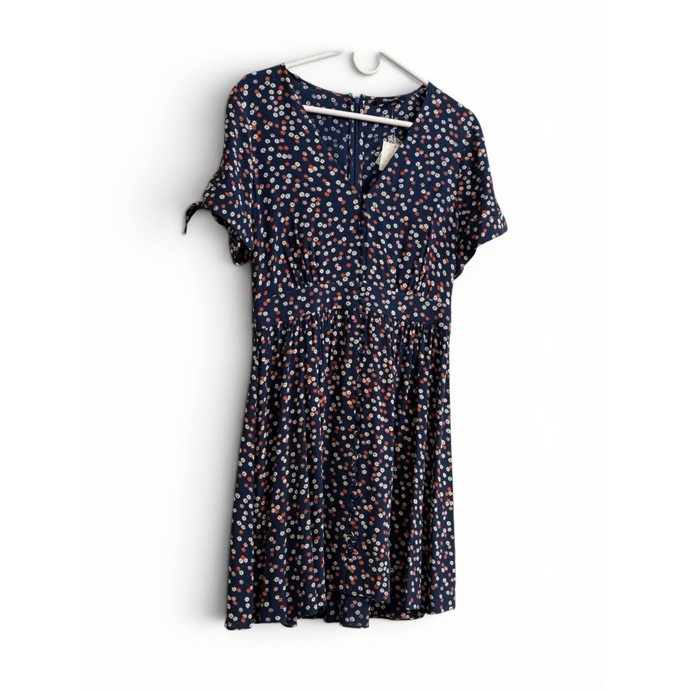 Madewell Floral Mini Dress Womens 4 Navy Blue Floral Button Front Tie Sleeve NWT